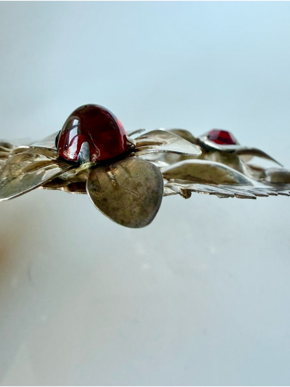 Vintage Gold Over Sterling Silver Large Red Cabochon Floral Bouquet Brooch Pin - Picture 13 of 16